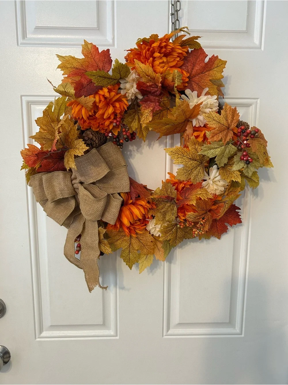 Autumn Glow Orange & Gold Fall Wreath with Burlap Bow